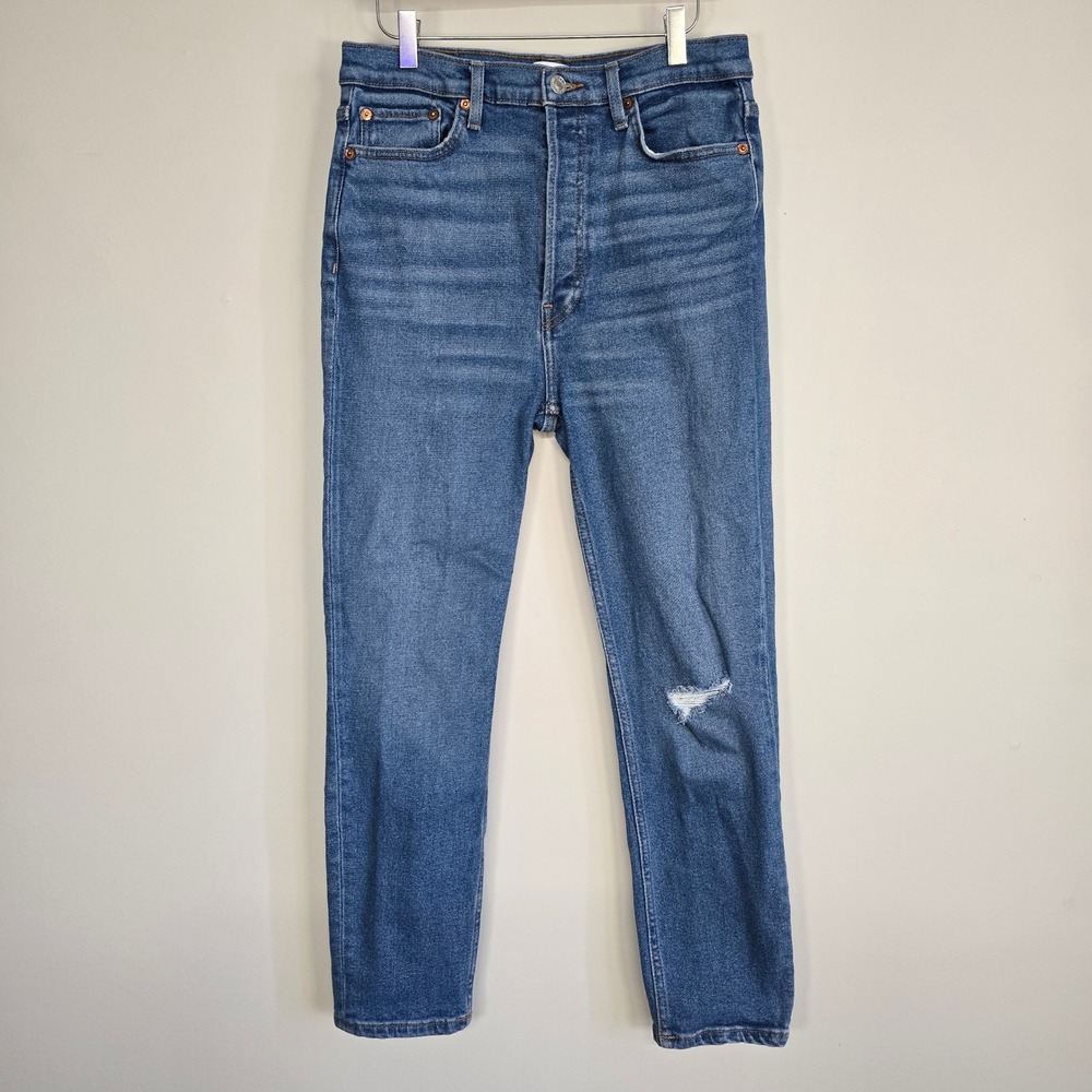 RE/DONE 90s Ultra High Rise Ankle Crop Jeans Women 29 Distressed Knee Grunge